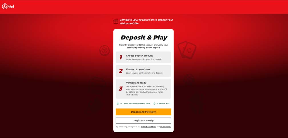 32red casino registration screenshot
