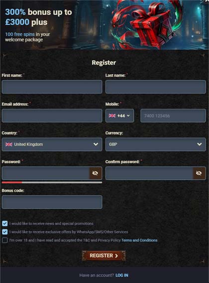 666 gambit casino register screenshot