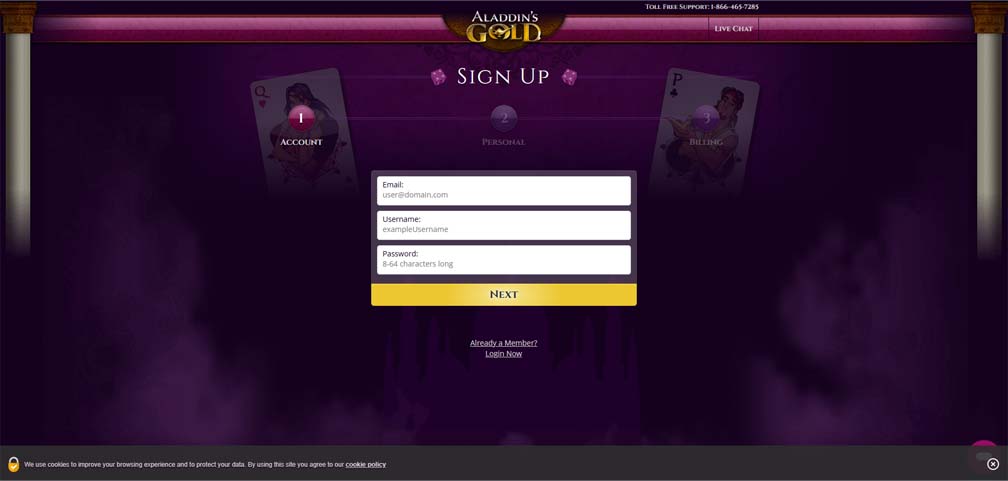 Alladins Gold Casino signup screenshot