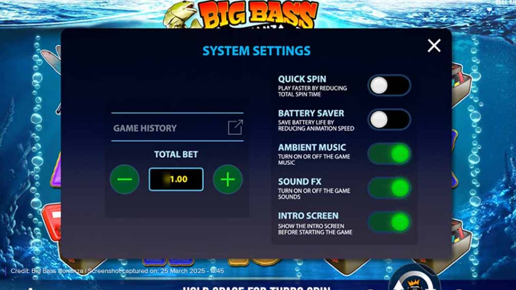 Big Bass Bonanza slot screenshot system settings