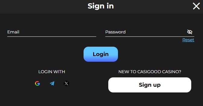 Casigood casino login screenshot