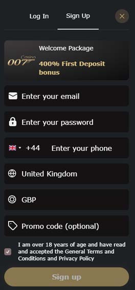 Casino 007 signup screenshot