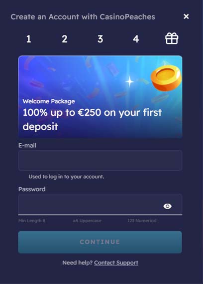 Casino Peaches signup screenshot