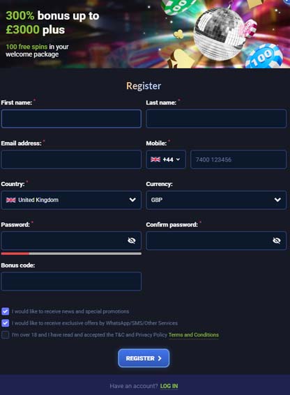DIsco Win Casino signup screenshot