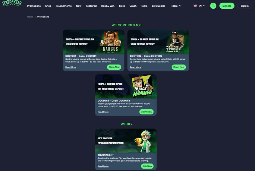 Doctor Spins casino bonuses screenshot