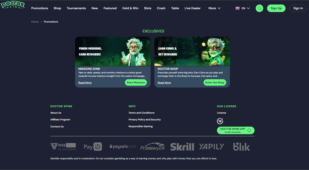 Doctor Spins casino promotions screenshot
