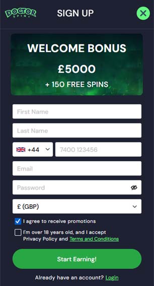 Doctor Spins casino signup screenshot