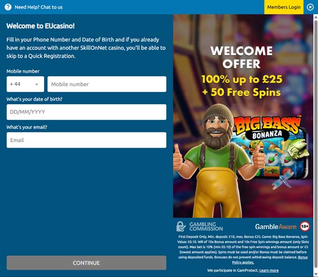 Europa casino registration screenshot