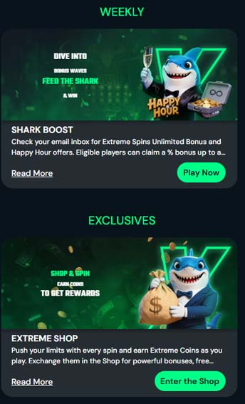 Extreme Spins casino ongoing poromotions screenshot