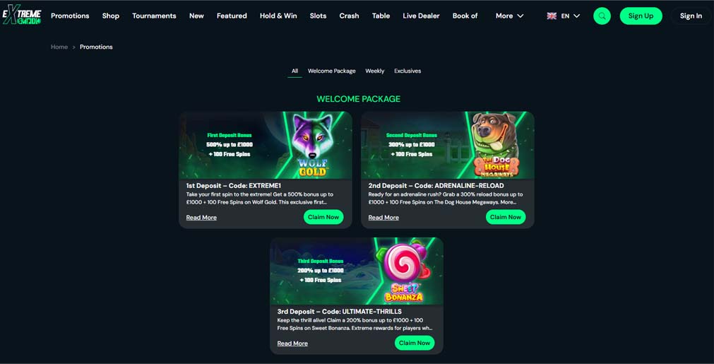 Extreme Spins casino welcome bonuses screenshot