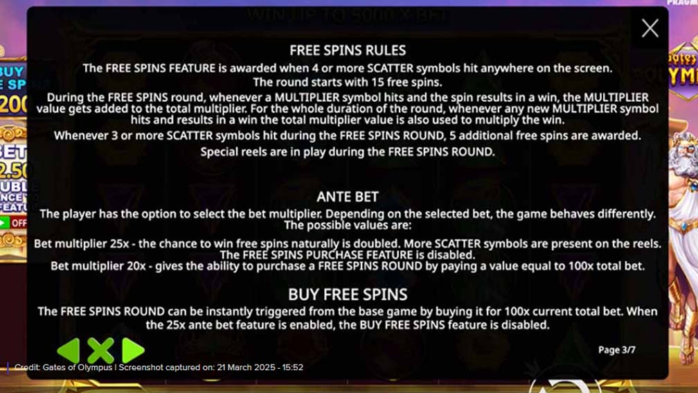 Gates Of Olympus slot screenshot free spins and ante bet