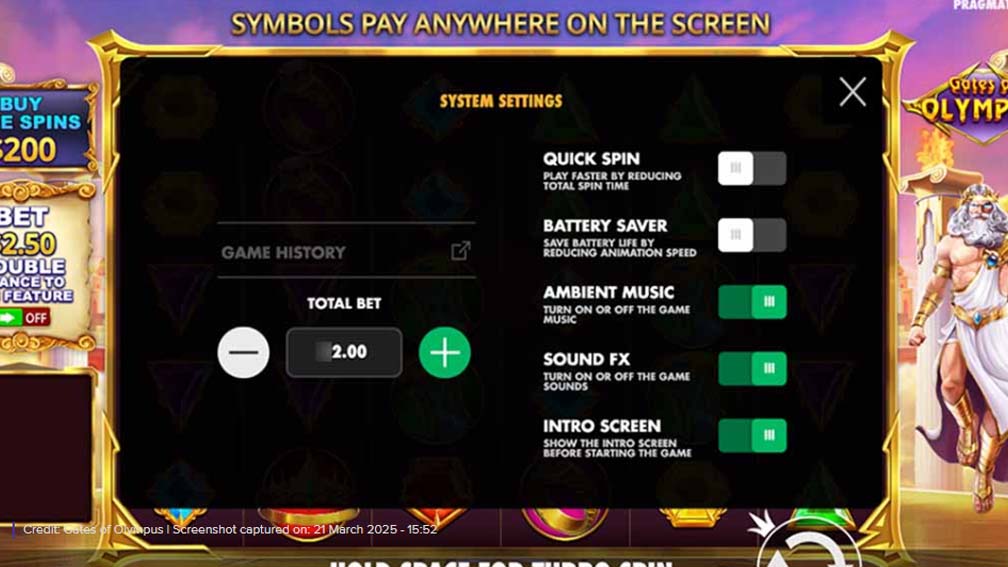 Gates Of Olympus slot screenshot settings