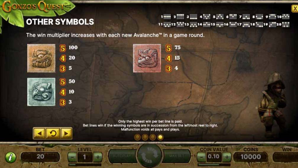 Gonzo's Quest slot screenshot Paytable