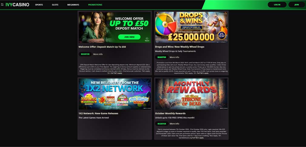 Ivy Casino bonuses screenshot