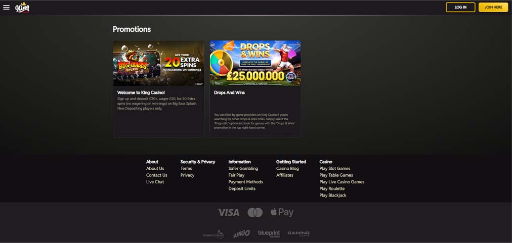 King casino bonuses screenshot