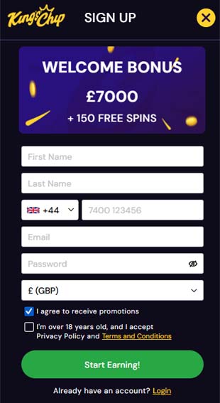 Kings Chip Casino signup screenshot