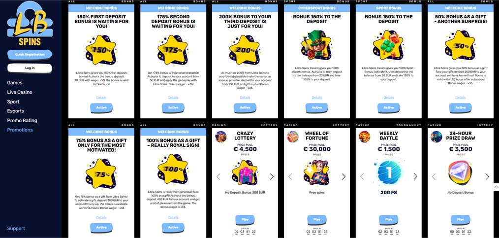 Libra Spins casino bonuses screenshot
