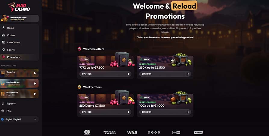 MadCasino bonuses and promotions page screenshot