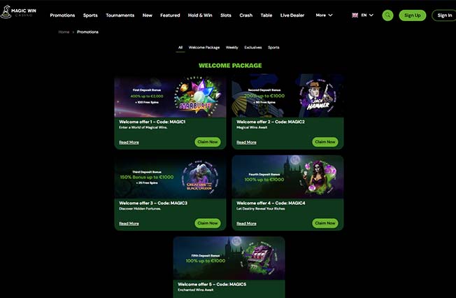 Magic Win casino bonuses and promotions page screenshot