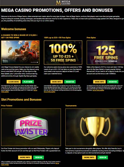 Mega Casino bonuses screenshot