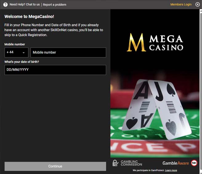 Mega Casino signup screenshot