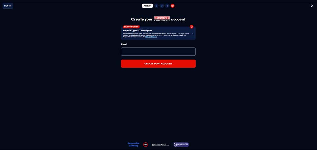 Monopoly casino signup screenshot