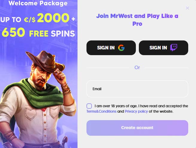 Mr West casino signup screenshot