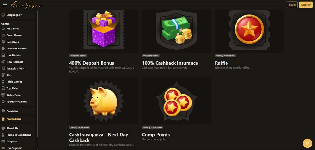 New Vegas casino bonuses screenshot