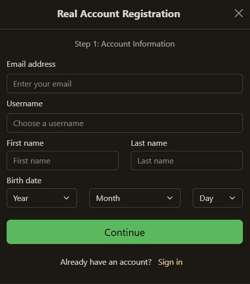 New Vegas casino signup screenshot