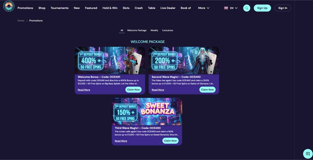 Ocean Breeze casino bonuses screenshot