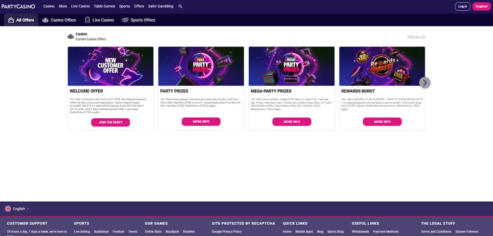 Party casino bonuses screenshot