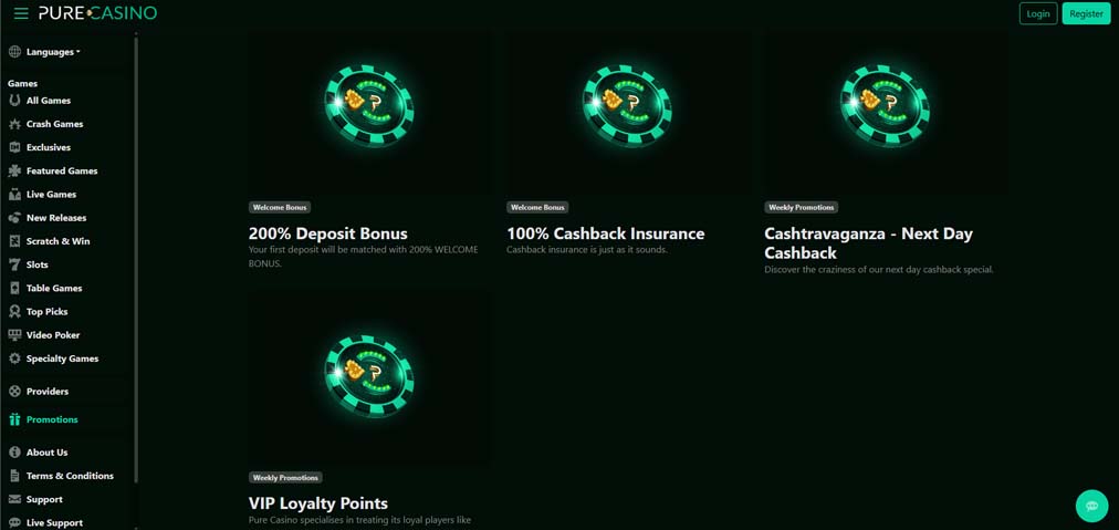 Pure Casino bonuses screenshot