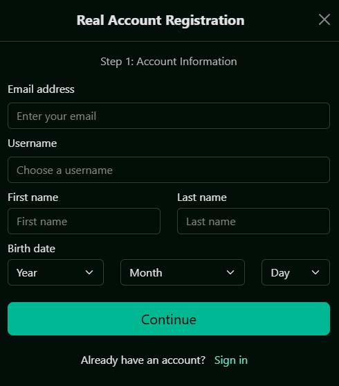 Pure Casino signup screenshot