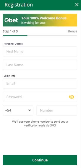 Qbet casino signup screenshot