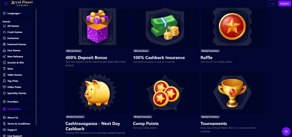Royal Planet Casino bonuses screenshot