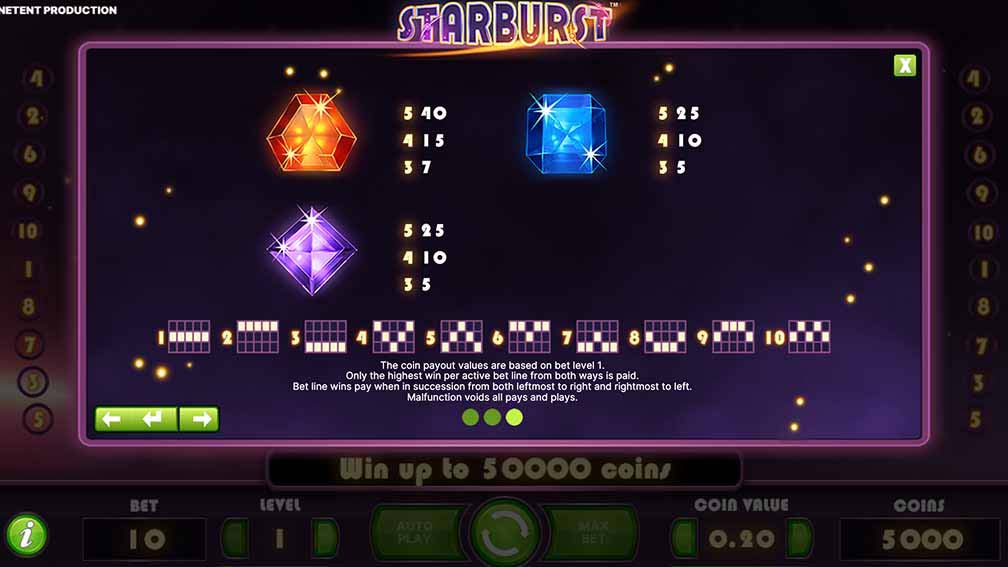 Starburst slot screenshot Paytable