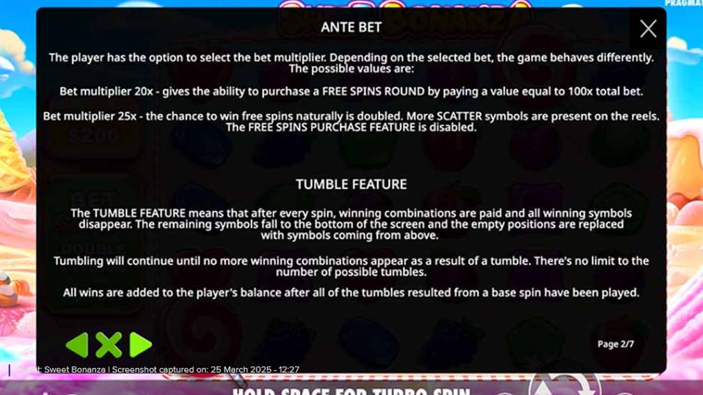 Sweet Bonanza slot screenshot ante bet tumble