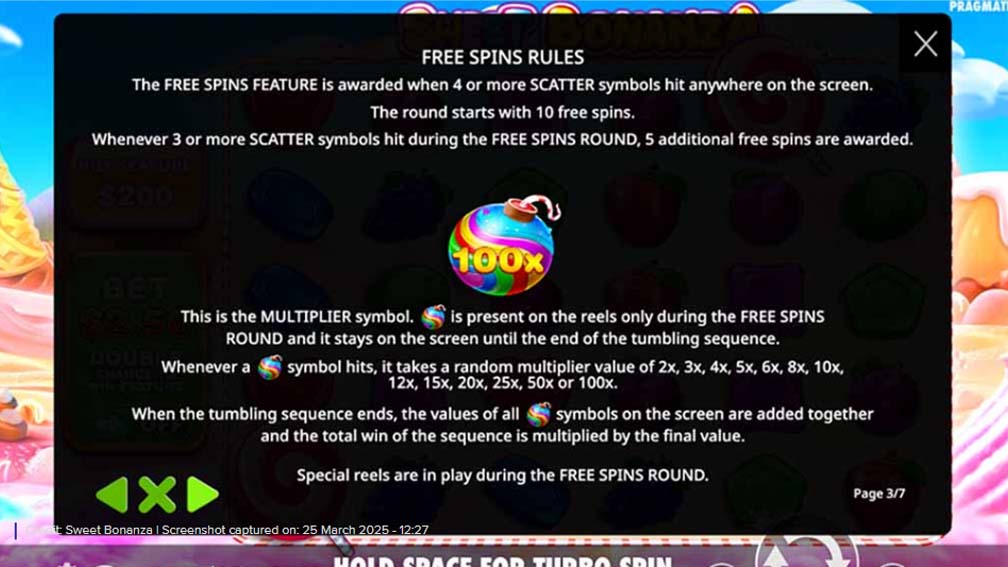 Sweet Bonanza slot screenshot free spins rules
