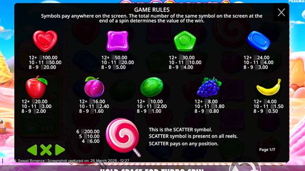 Sweet Bonanza slot screenshot paytable