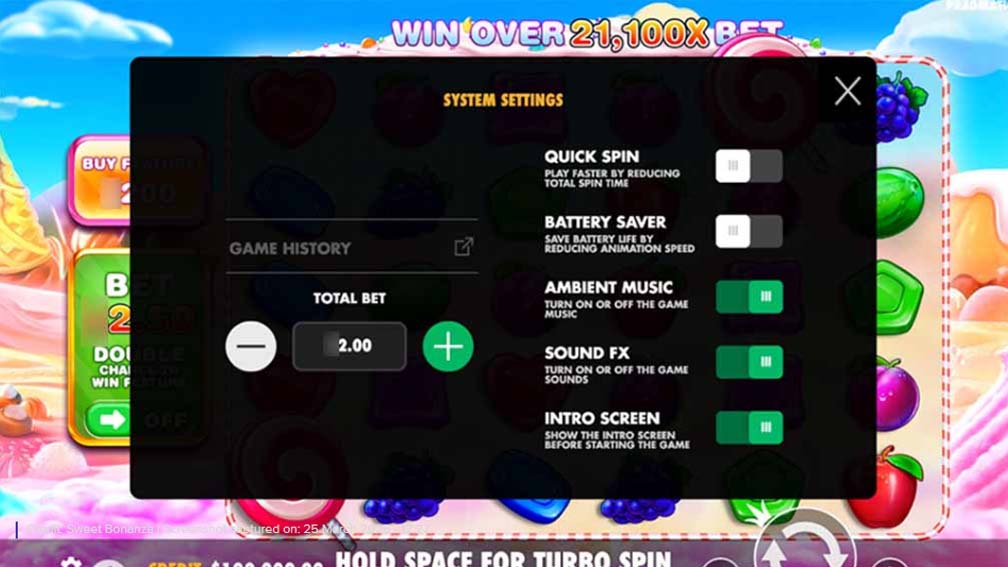 Sweet Bonanza slot screenshot setting