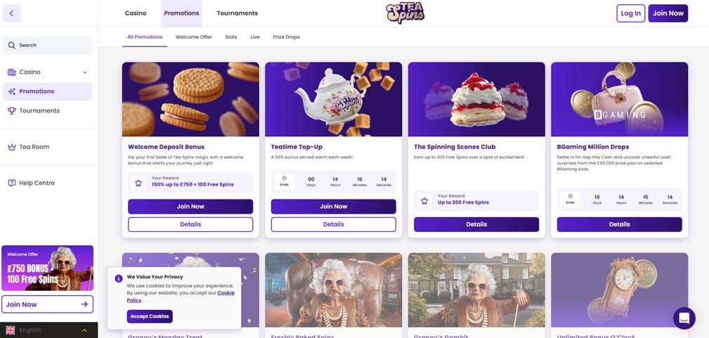Tea Spins casino bonuses screenshot