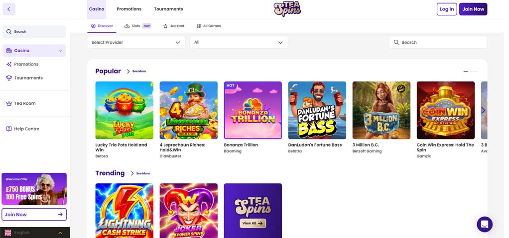 Tea Spins casino games screenshot