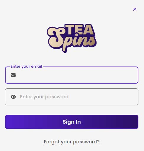Tea Spins casino login screenshot