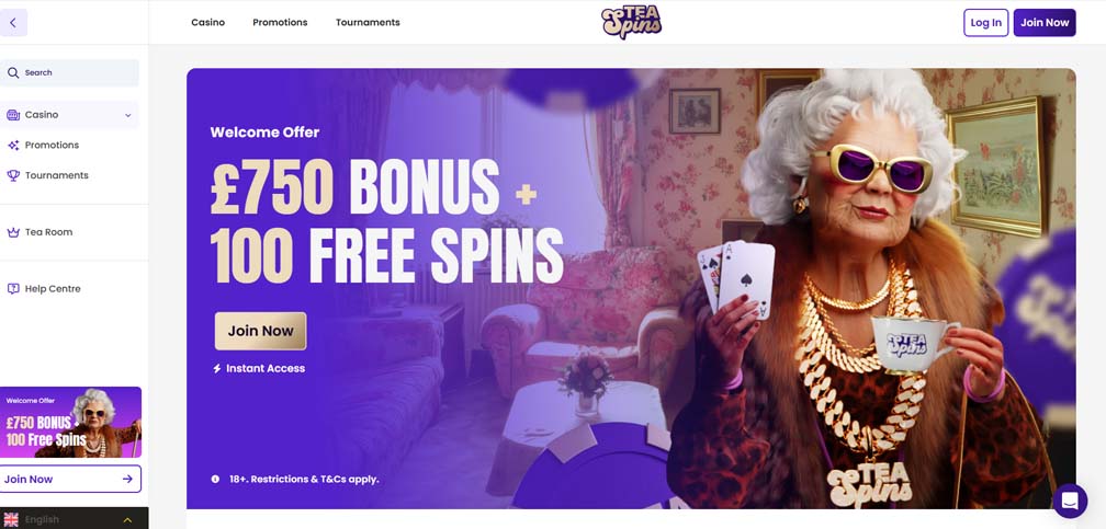 Tea Spins casino main page screenshot