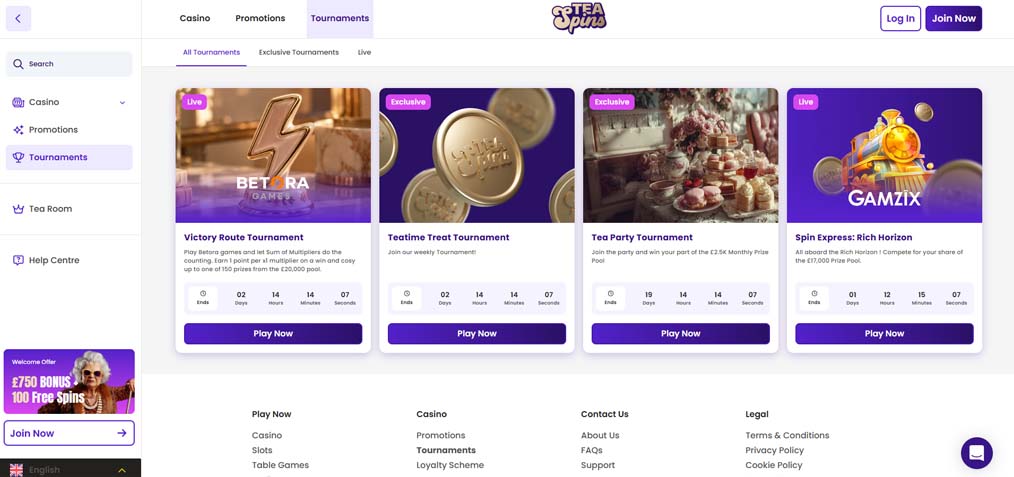 Tea Spins casino tournaments screenshot