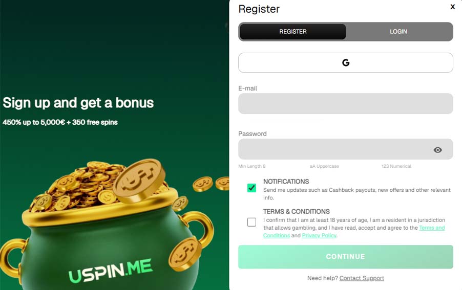 USpin Me Casino signup screenshot