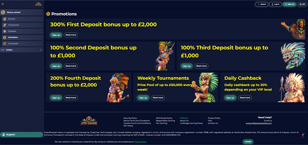 Aztec Paradise casino bonuses screenshot