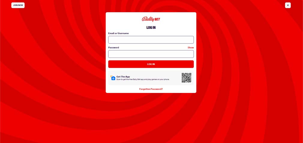 Bally casino login screenshot