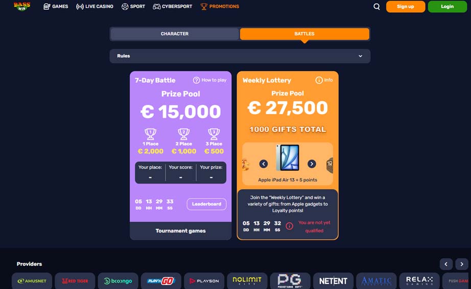 Bass Win casino bonuses screenshot