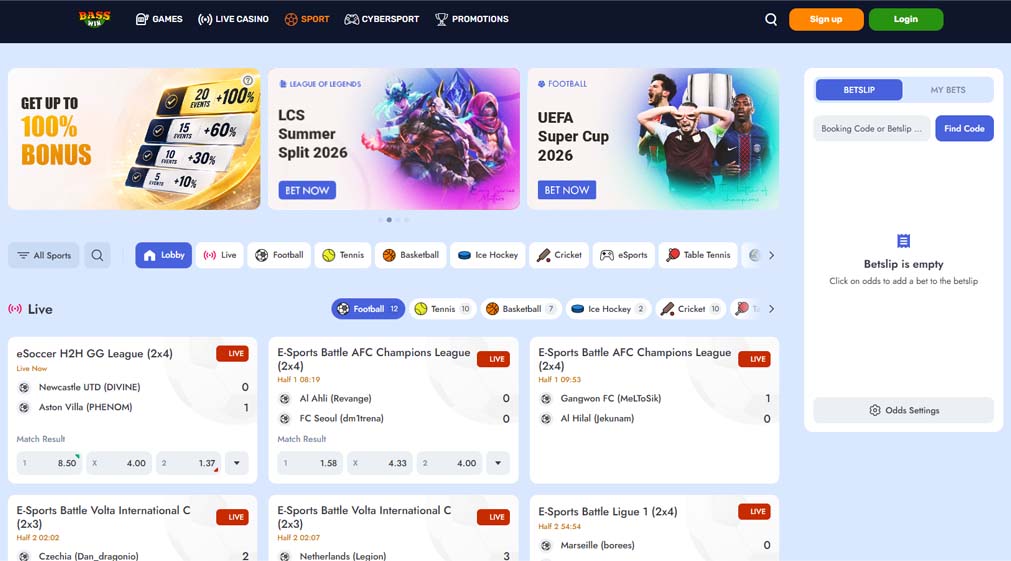 Bass Win casino sportsbook screenshot